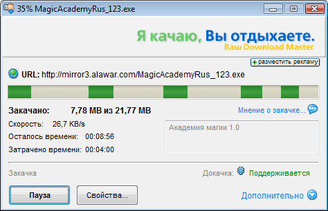 Информационное окно закачки Download Master